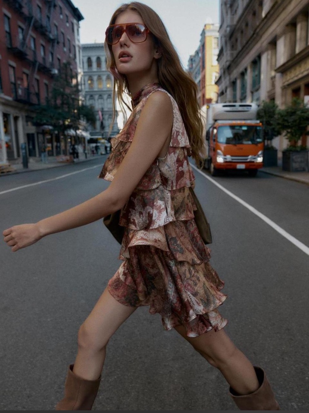Zara Rust Multi Floral Tiered Ruffle Mini Dress